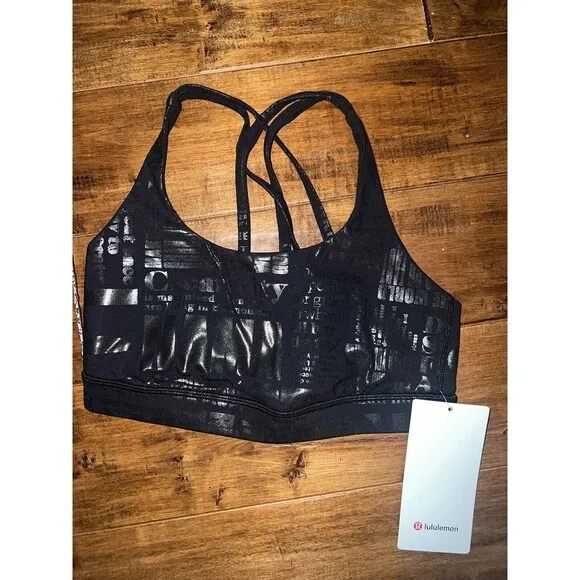 NWT Lululemon Energy Bra 20YR Manifesto Foil Print Black size 6 Metallic RARE!
