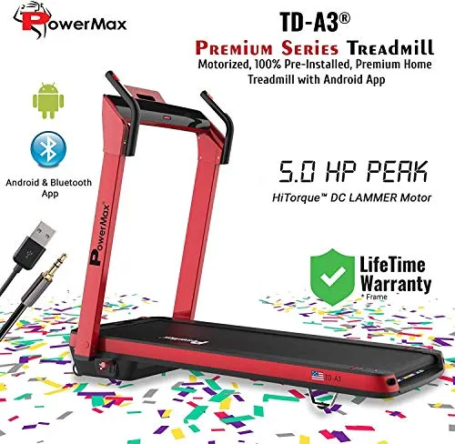 PowerMax Fitness Urban-Trek TD-A3 5.0HP Peak Pre-installed Motorized Treadmill with Automatic Incline, Automatic Programs- Red