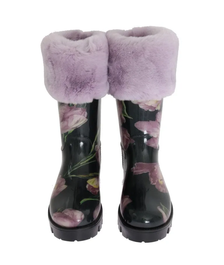 Purple Fur Tulip Print Rubber Boots