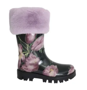 Purple Fur Tulip Print Rubber Boots