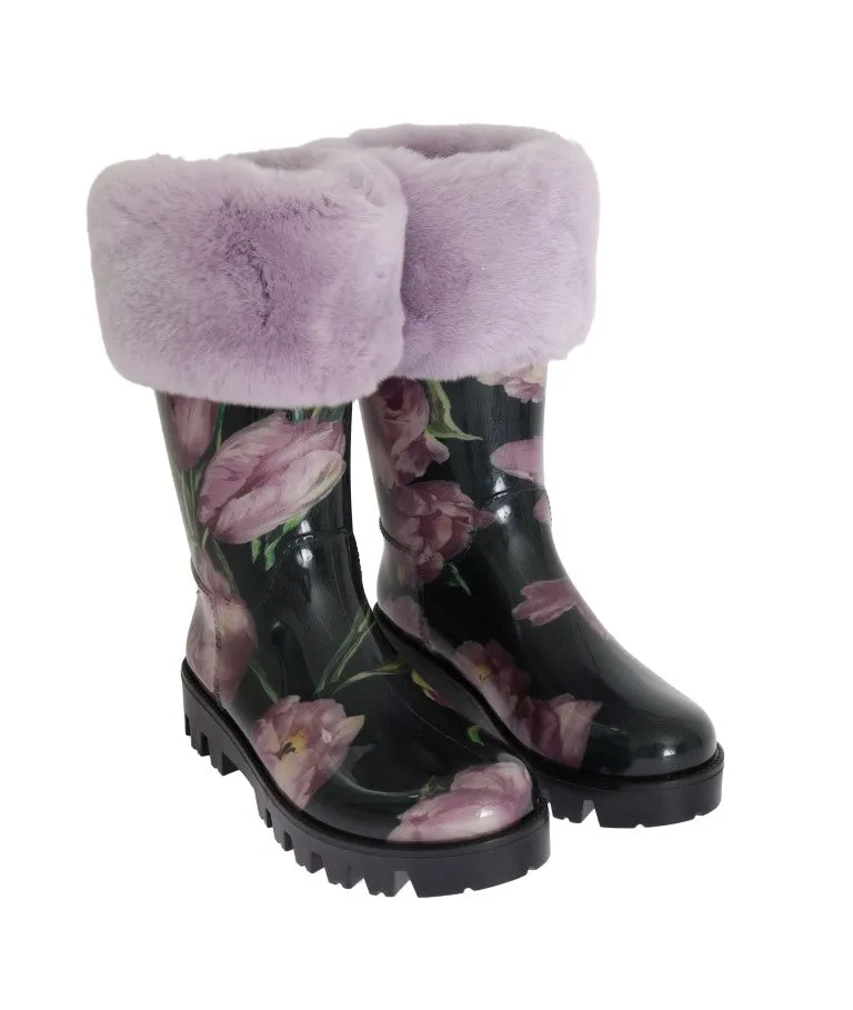 Purple Fur Tulip Print Rubber Boots