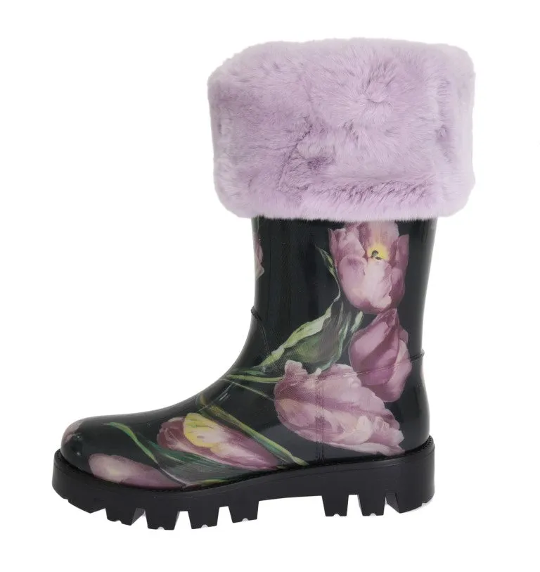 Purple Fur Tulip Print Rubber Boots
