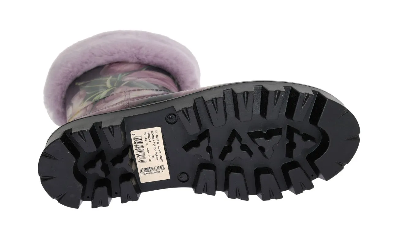 Purple Fur Tulip Print Rubber Boots