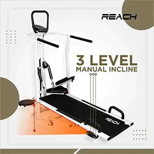 Reach T-100 4 in 1 Manual Treadmill for Home Gym | Multi-Functional (Jogger, Twister, Stepper & Push-up bar) Treadmill | 3 Level Manual Incline | For Full Body Workouts | Max User Weight 120kg