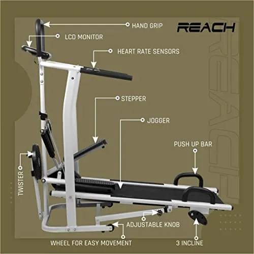 Reach T-100 4 in 1 Manual Treadmill for Home Gym | Multi-Functional (Jogger, Twister, Stepper & Push-up bar) Treadmill | 3 Level Manual Incline | For Full Body Workouts | Max User Weight 120kg