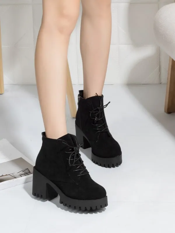 Side Zip Chunky Heeled Lug Sole Boots - Black