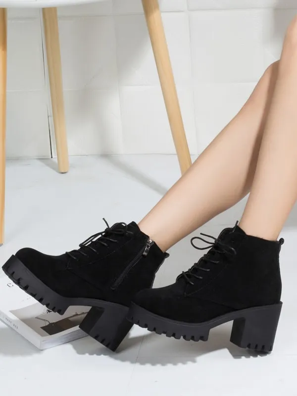 Side Zip Chunky Heeled Lug Sole Boots - Black