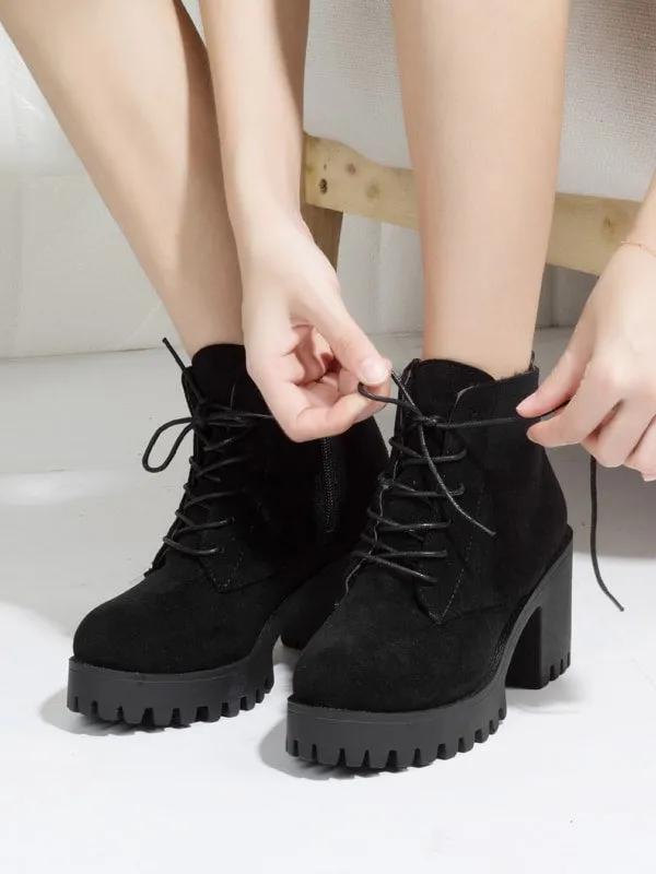 Side Zip Chunky Heeled Lug Sole Boots - Black