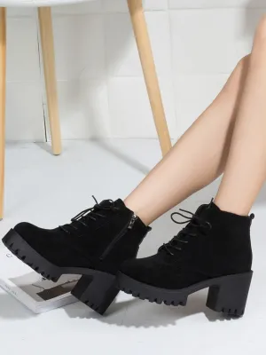 Side Zip Chunky Heeled Lug Sole Boots - Black