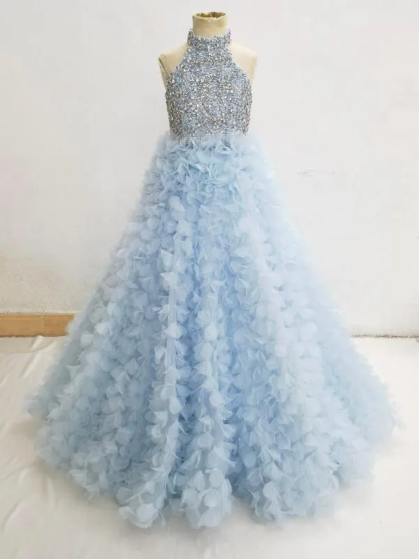 Sky Blue Applique Pageant Dress with Glitz Beaded Bodice