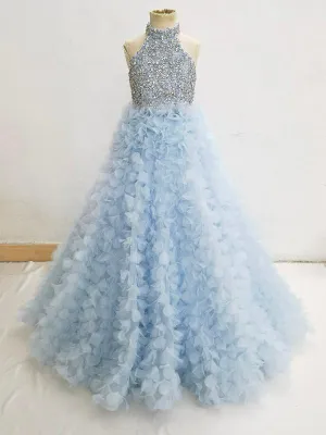 Sky Blue Applique Pageant Dress with Glitz Beaded Bodice