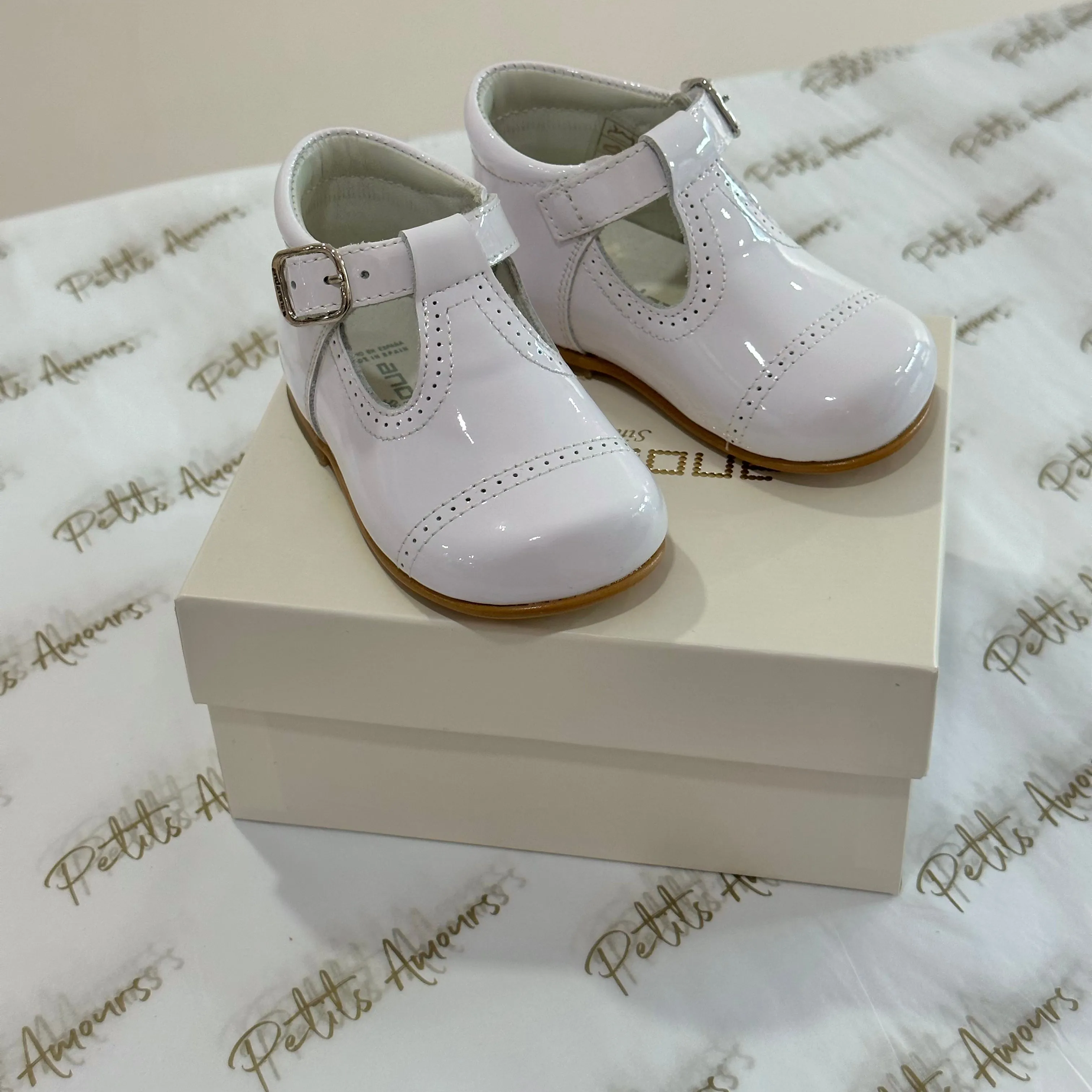 White Patent T-Bar Shoes