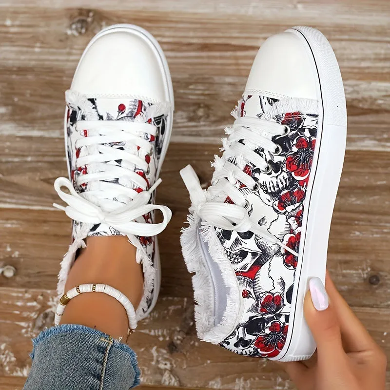 Women's Raw Hem Printed Canvas Sneakers | Comfortable and Durable Everyday Flats